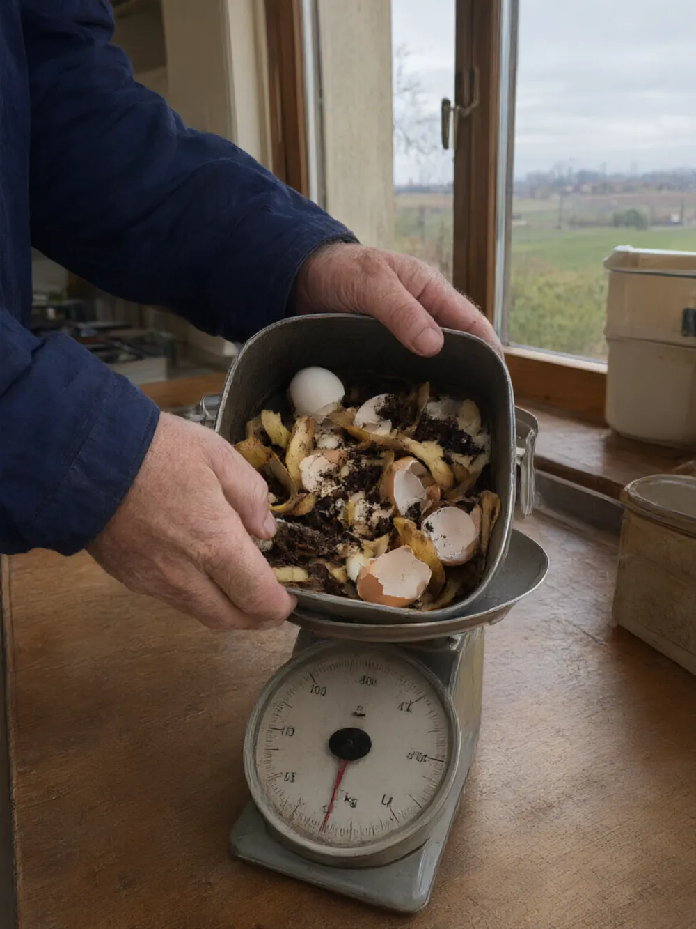 Il secchio degli scarti di cucina sulla bilancia, quasi due chili