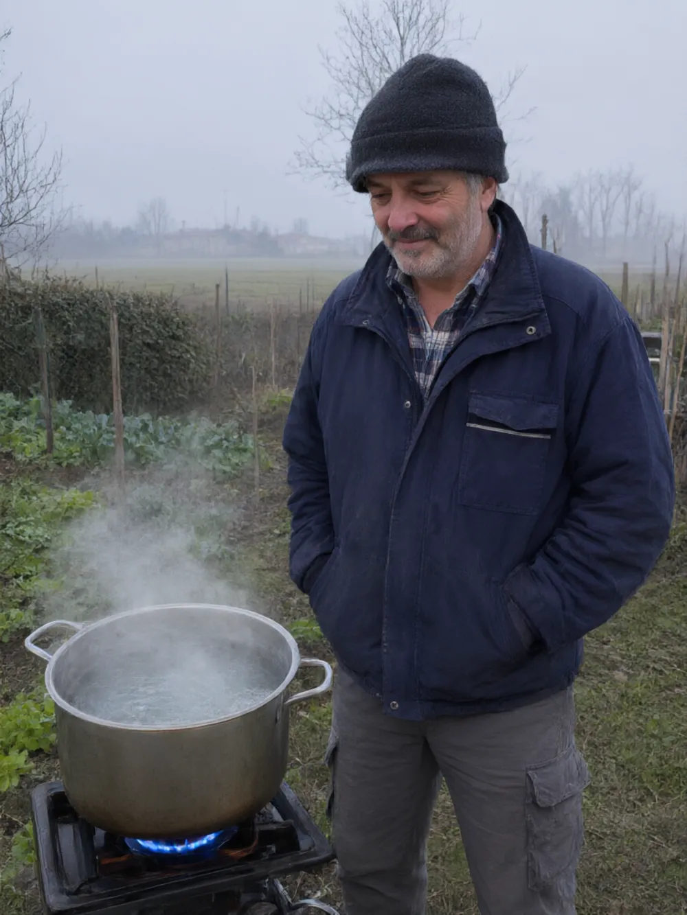 La pentola che bolle col gas fatto in casa, a gennaio nella nebbia