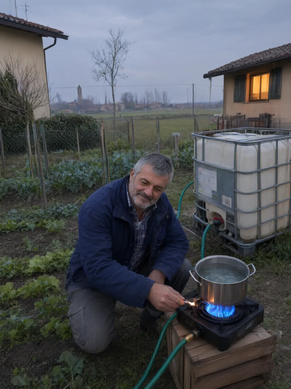 Il fornello del giardino acceso con la fiamma azzurra del biogas